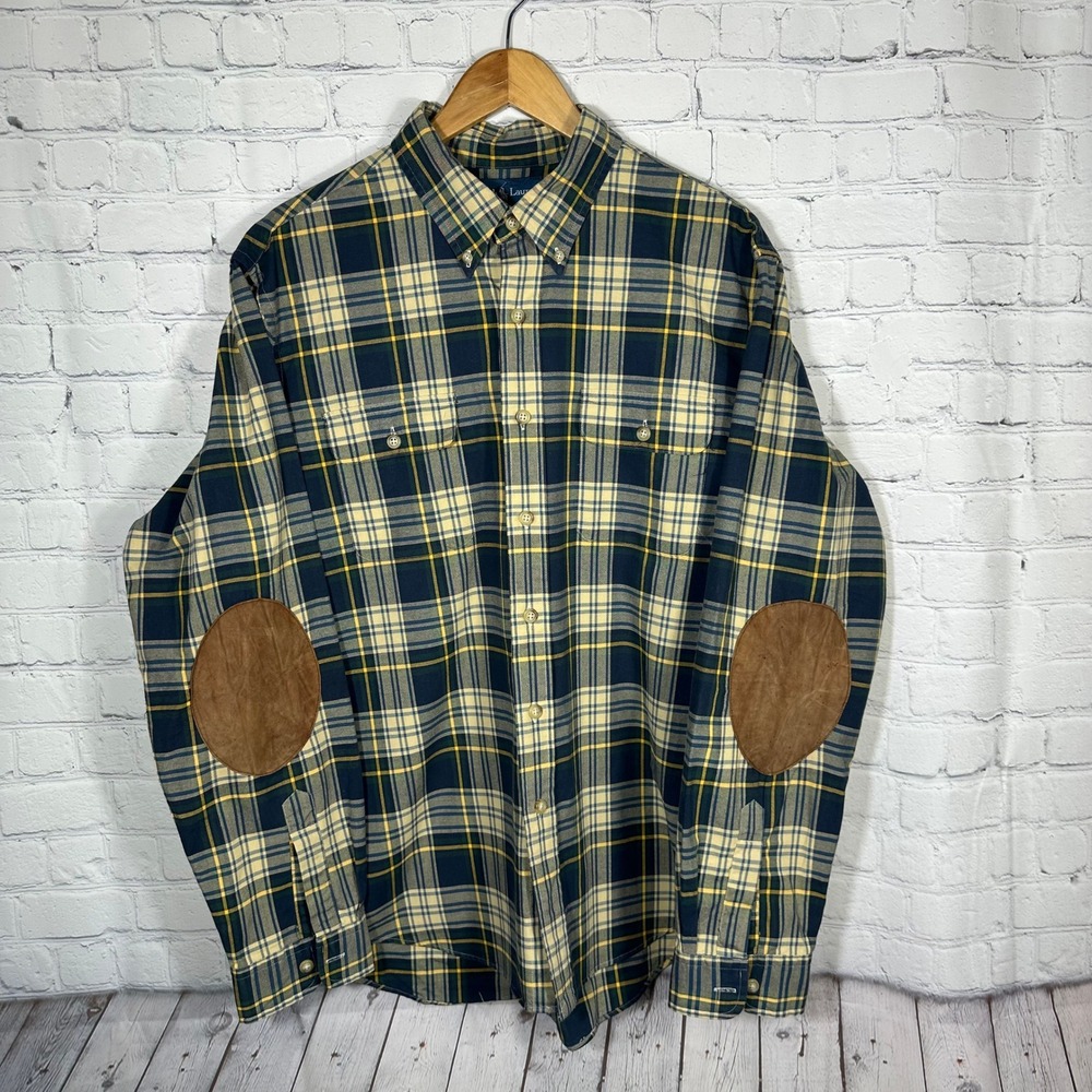 Ralph Lauren Mens XL Plaid Button Down Shirt Elbow Patches Navy Green Yellow LTP